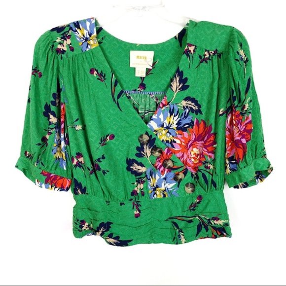 Anthropologie Green Floral Blouse Maeve - Picture 6 of 7